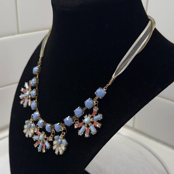 Rhinestone and Blue Acrylic Bead Necklace with Ribbon - Picture 5 of 7